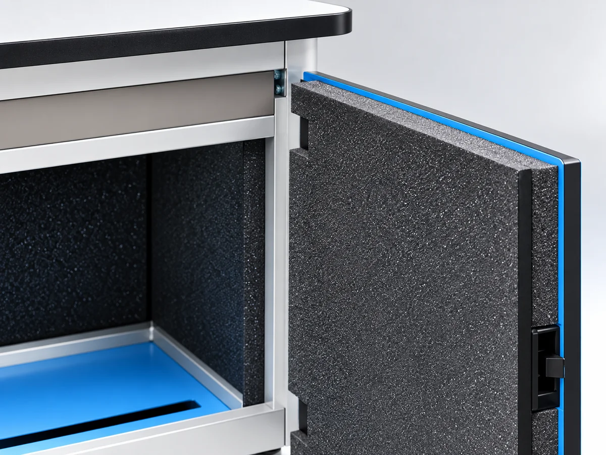 Internal acoustic construction with an accessible equipment opening