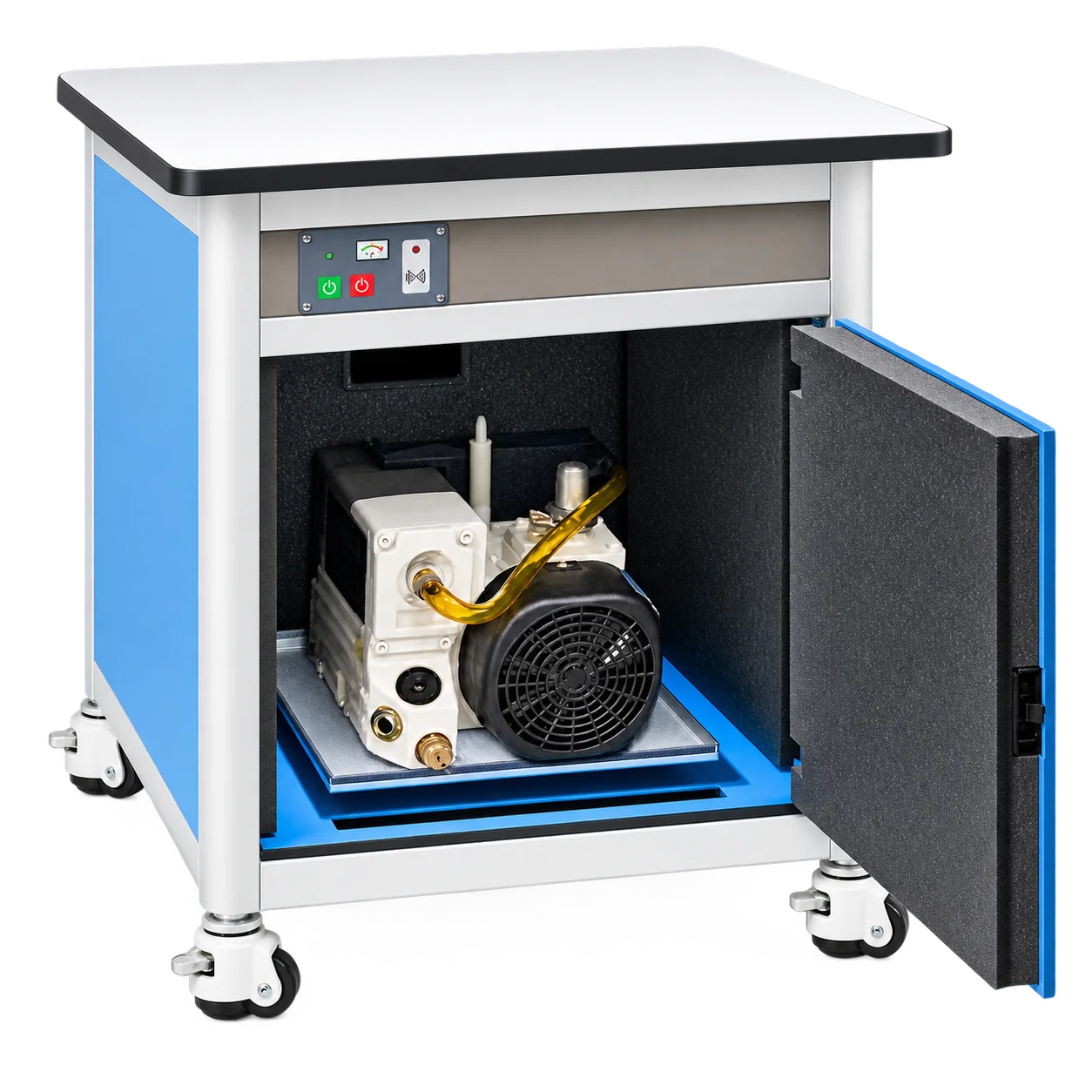 Vacuum pump positioned in an acoustic enclosure with open service door