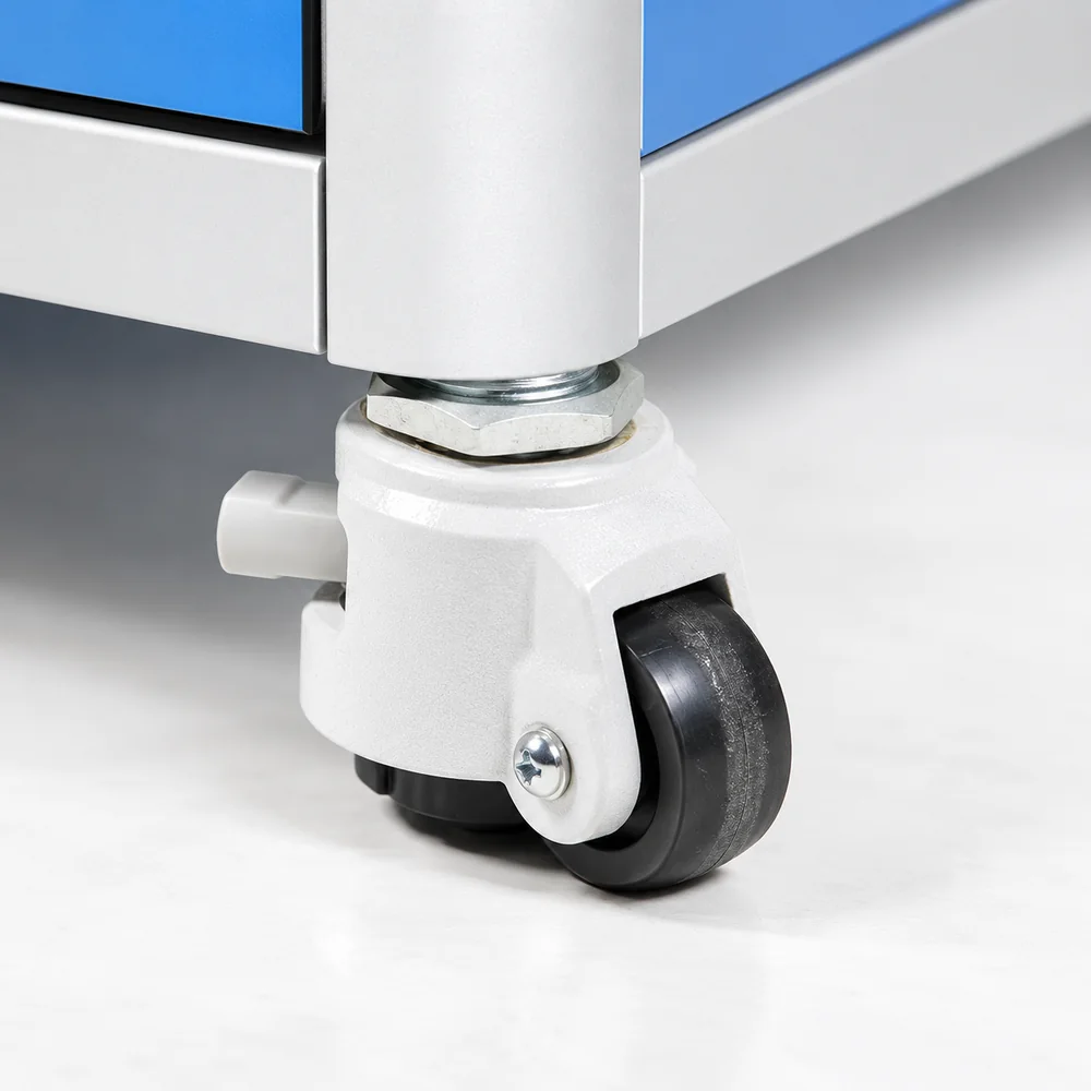 Locking castor and levelling point on an acoustic enclosure