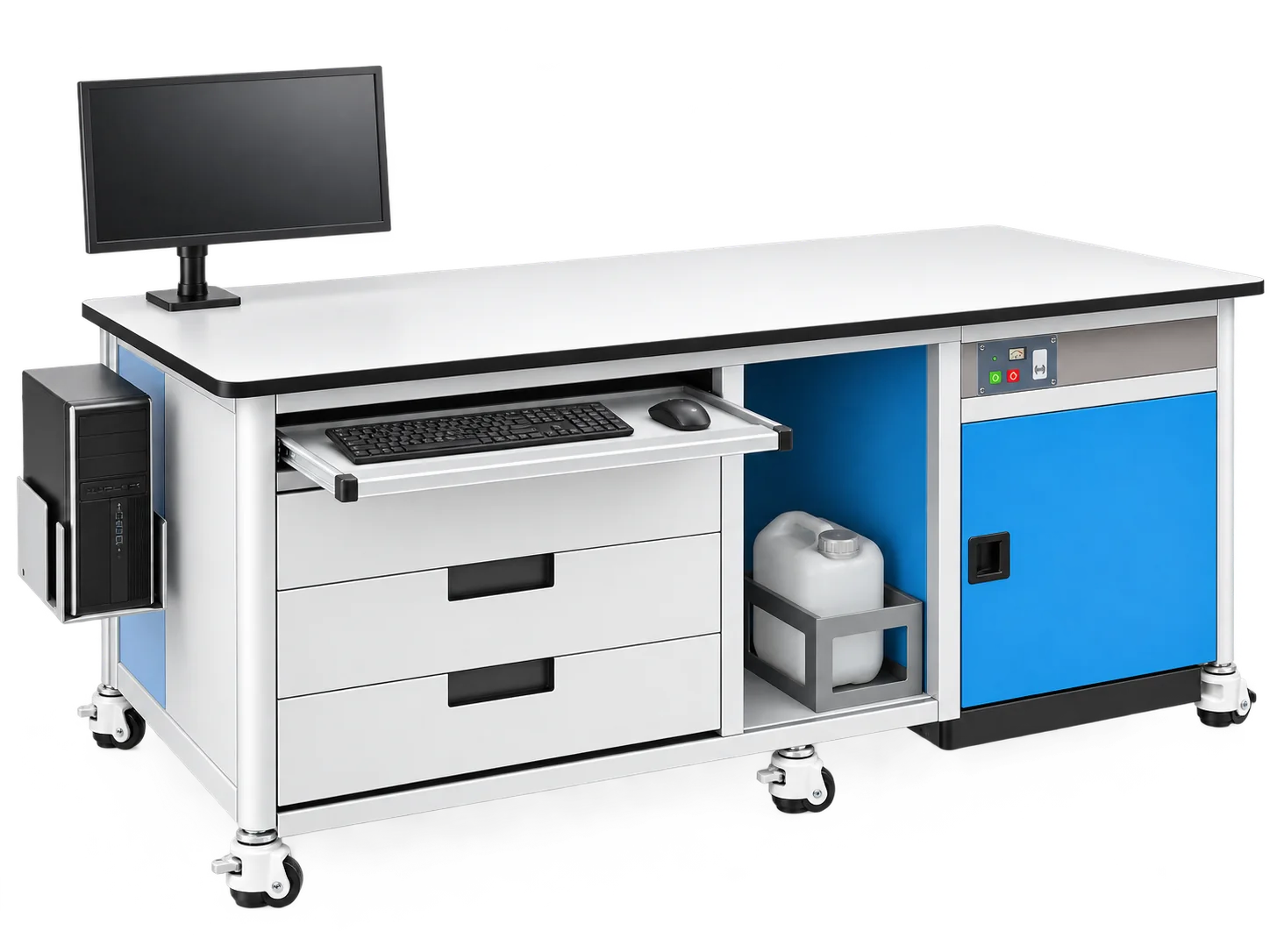 Technical bench with integrated storage and acoustic equipment compartment
