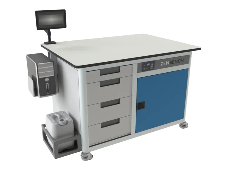 ZenBench technical bench with drawers, soundproofed pump compartment, monitor arm, CPU holder and solvent canister holder